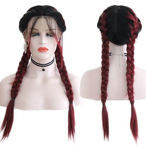 JOY & BEAUTY-trenzas dobles de 24 "de largo liso negro degradado 6 colores trenzado sintético marrón claro suizo peluca con malla frontal con pelo de bebé: burg
