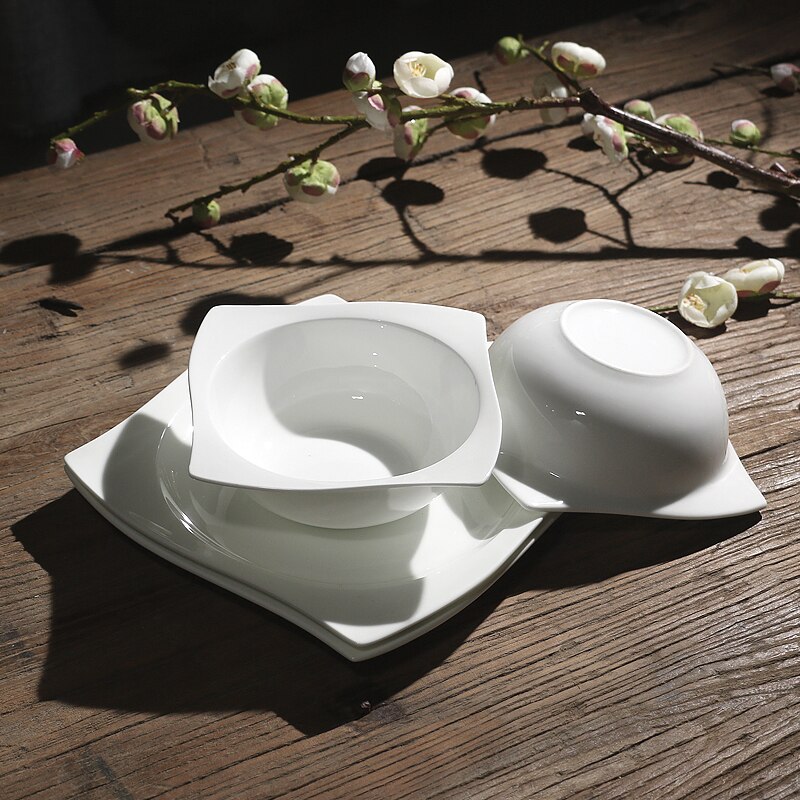 European-style pure white bone china bowl and plate set special-shaped western plate salad bowl hotel set ceramic tableware