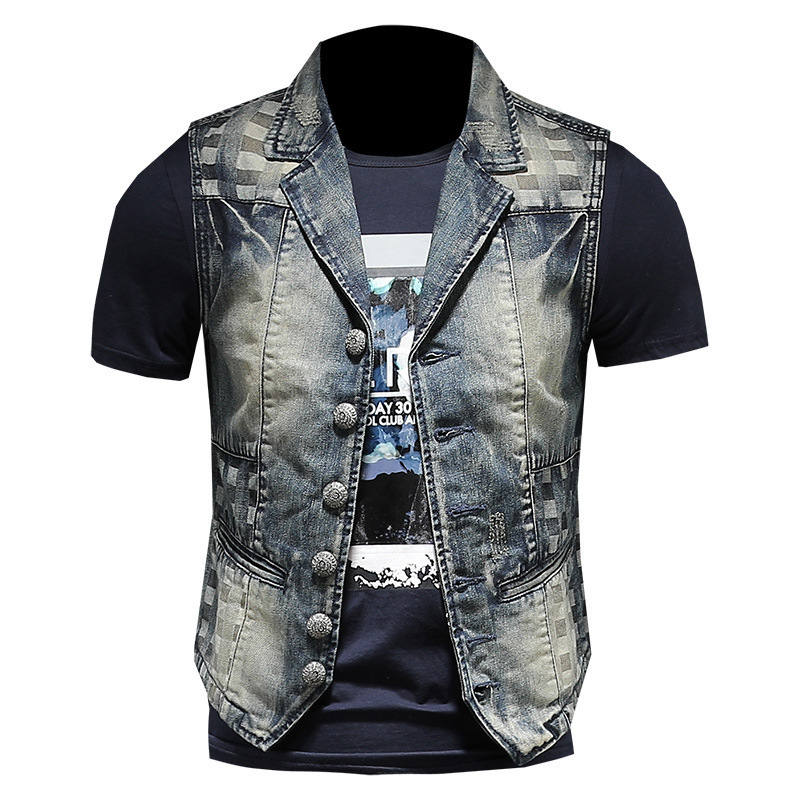 Jahrgang jeansjacke herren einreiher jeansweste jeansweste England stil marke Cowboy stickerei ärmellose jacke 3xl: L