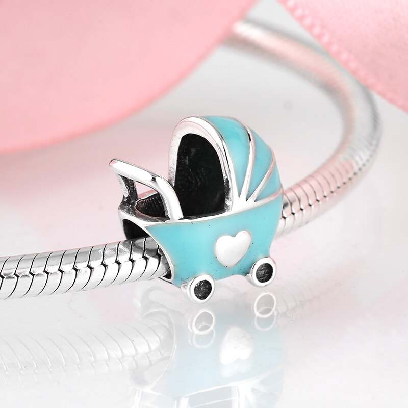 blue enamel Baby carriage 925 Sterling Silver fine Beads Fit Original JIUHAO Charm Bracelet Jewelry making