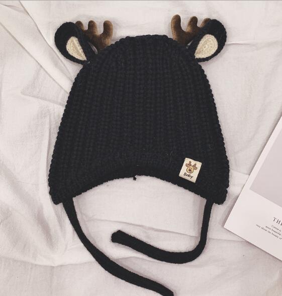 Baby Boys Girls Reindeer Beanie Hat Kids Christmas Hats Knit Cap Elk Horn Winter Hat: Black