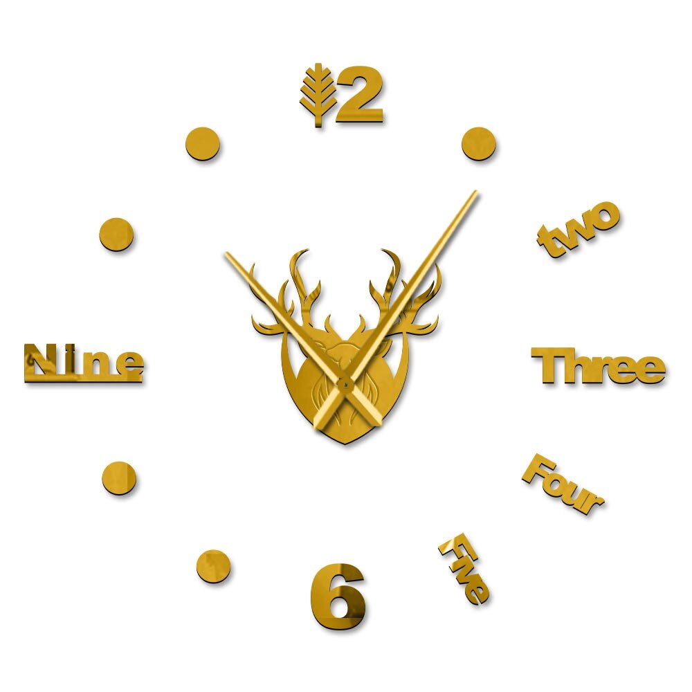 Cerf wapiti tête 3D silencieux Quartz horloge murale bois Animal chasseur miroir effet Stickers muraux pour salon grande montre: Gold / 47 Inch