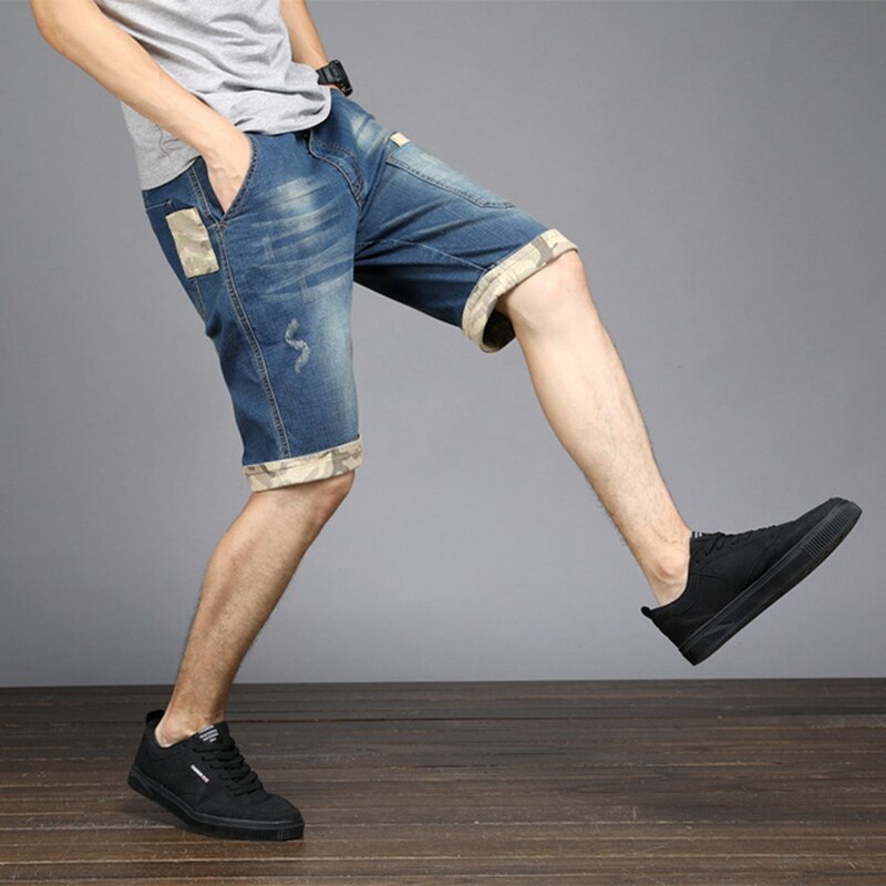 Summer men's large size denim shorts stitching male large size knee length straight denim shorts 130kg
