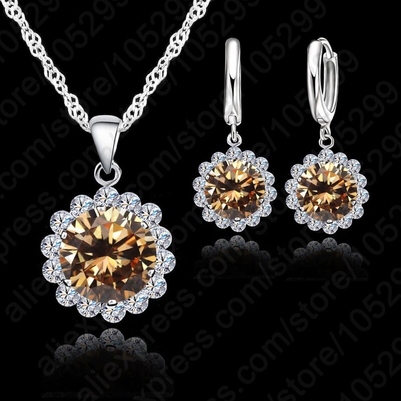 Wedding 925 Sterling Silver Jewelry Sets Women Round Crystal Pendant Necklace Earring Set Price 7 Color Be Chose