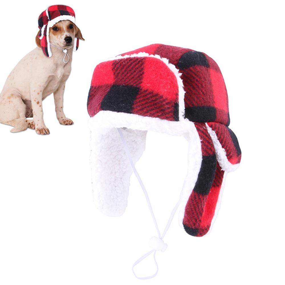 Plaid Pet Hoed Herfst En Winter Warm Puppy Pluche Baret Cap Grote Hond Outdoor Wandelen Winddicht Hoeden Franse Bulldog Pet hoofddeksels: Default Title