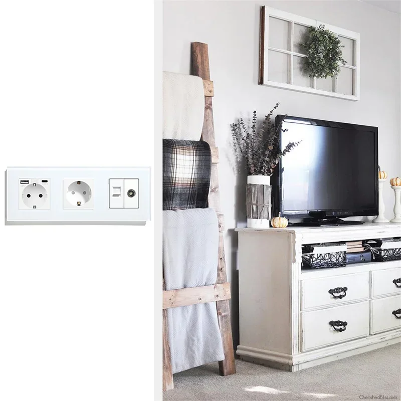 Vägguttag med usb typ c-brytare och uttag med tv-internet cat 6 -gränssnitt eu-standard vit kristallglasströmbrytare