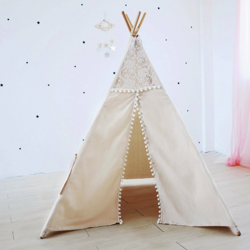 Tente naturelle de Tipi de Pom Pom de toile pour des enfants jouent la tente de Wigwam d'enfants de tente de Tipi