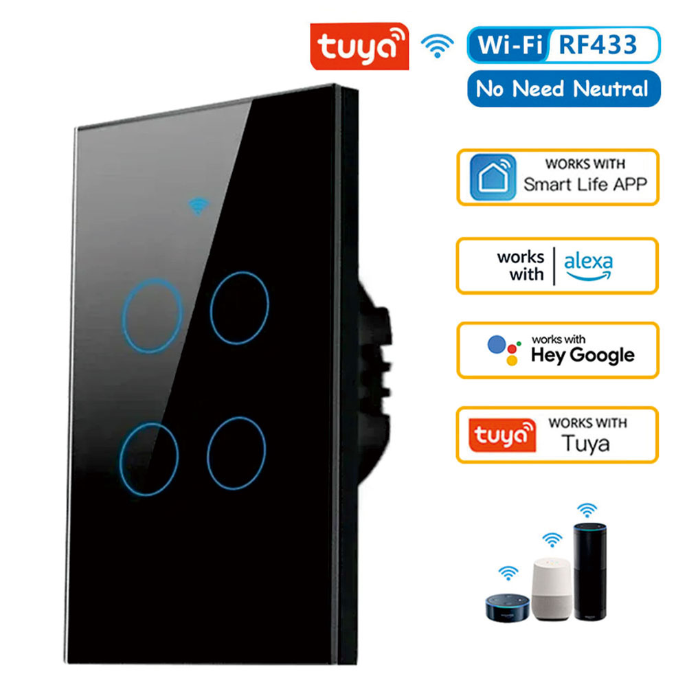 Tuya US WiFi Smart Wall Switch RF433 1/2/3/4 Gang No Neutral Wire Touch Sensor LED Light Switches Smart Home Alexa Google Home: Bundle8