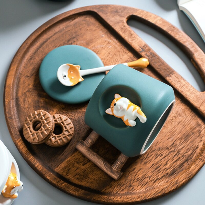 Taza de cerámica con dibujos de animales Shiba Inu para hombre y mujer, creativa, pareja con tapa, cuchara para beber, taza de agua café