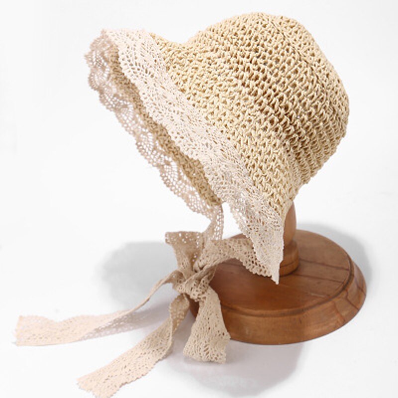 Barnhatt till stranden bebis flicka spetsrem solhatt handgjord hatt barn sommarresehatt loli flicka vikbar strandhatt med bandage: Beige