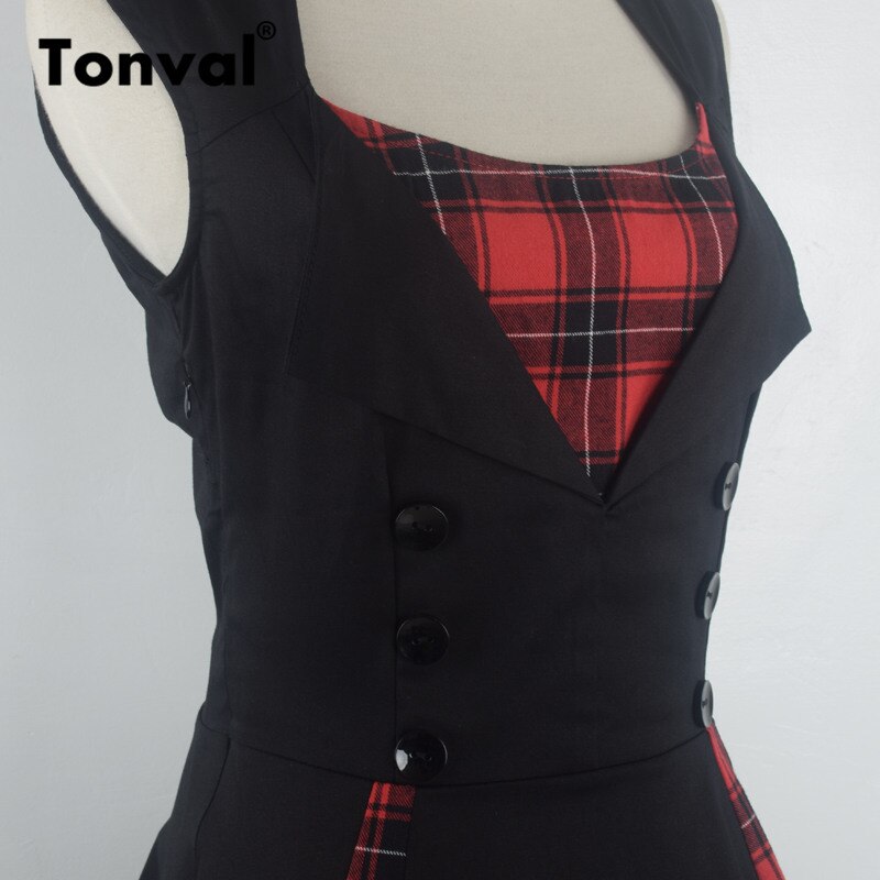 Tonval plaid vintage rød tunika sommerkjole kvinder knap pinup piger 1950s kjole bomuld plus størrelse retro kjoler