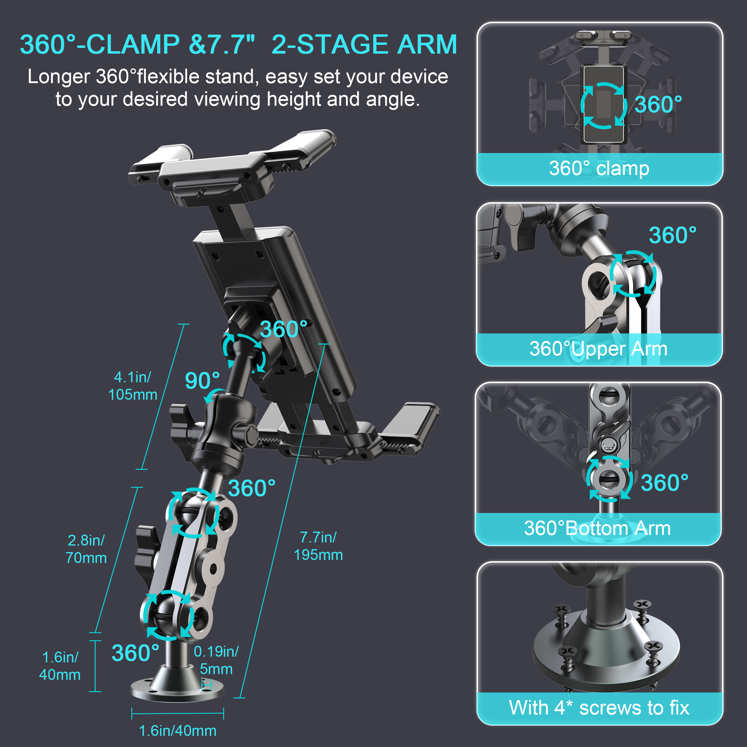 Hochleistungs-Bohrbasis aus Aluminium, Tablet-Halterung, Armaturenbrett für Autohalterung, 360° ° Verstellbarer 2-stufiger Ständer für 4,7–12,9 Zoll iPad