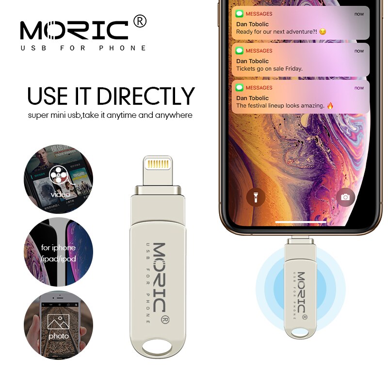 Moric – clé USB 3.0 à fermeture éclair, support à mémoire de 32GB 64GB 128GB, lecteur Flash en métal pour iPhone 8 et 7 Plus, compatible avec ios 10