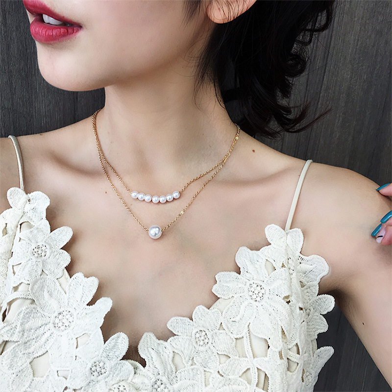 Double layer Chain Gold Choker Necklace Women Korean Style Pearl Pendant Necklace Jewelry Collar: N0019