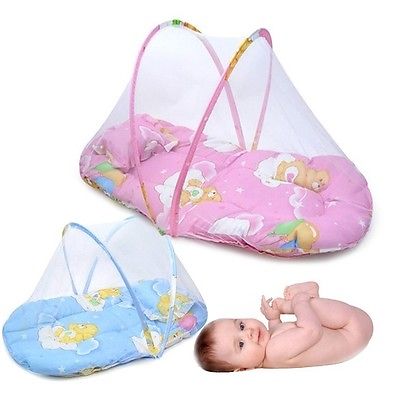 Pink/Blue Baby Cartoon Foldable Crib Tent Bed Mosquito Crib Netting Net Warm Cotton Blends Mattress Pillow