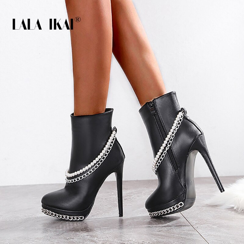 LALA IKAI frauen Stiefeletten Perle Kette Wies Plattform High Heel Boot ZIP Weibliche Herbst Winter Große Größe XWC10393-4