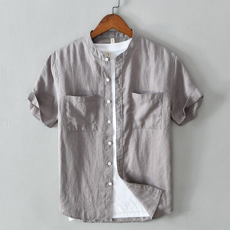 100%  linne vit skjorta herr kortärmade toppar sommar solid andas skjorta två fickor camisa masculina 560