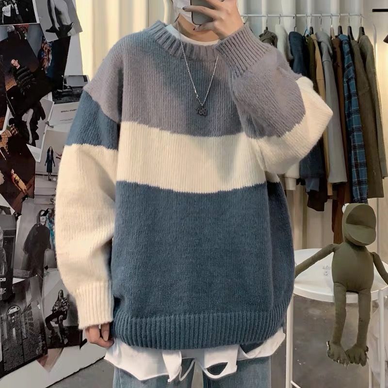 Gensere herre lappeteppe langermet panel høst vinter koreansk stil trendy fritidsgensere tenåringetone strikket stilig ins bf: Blå / Xxl
