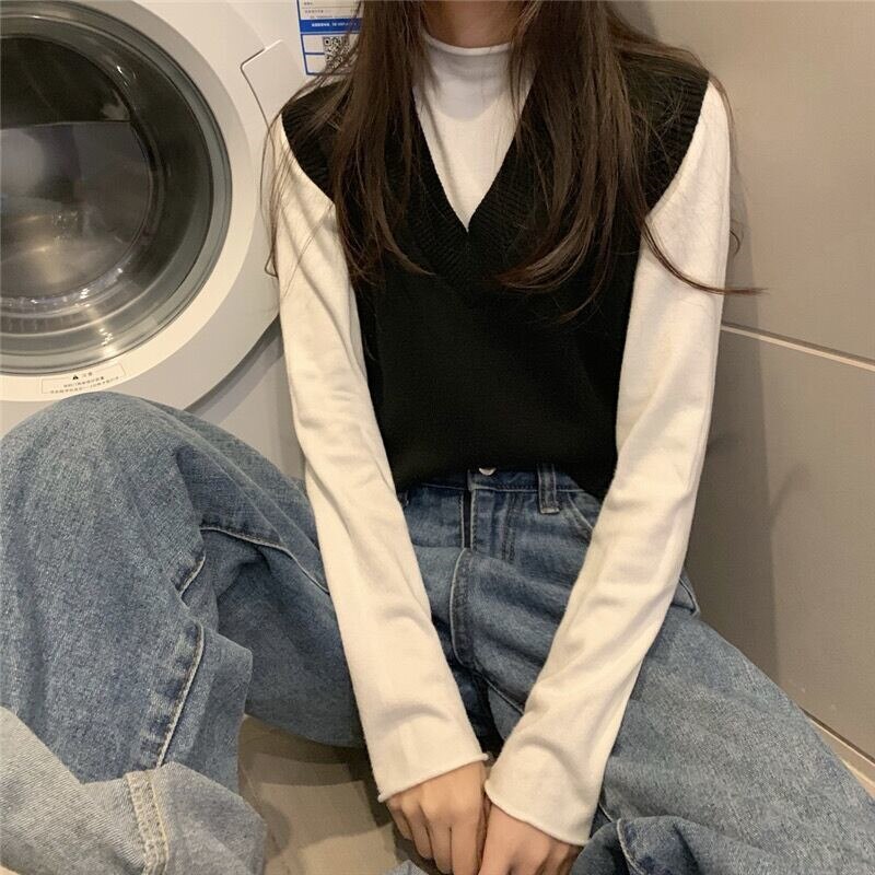 Otoño chaleco tejido cuello pico Mujer invierno suéter Chaleco Corto sin mangas suéter