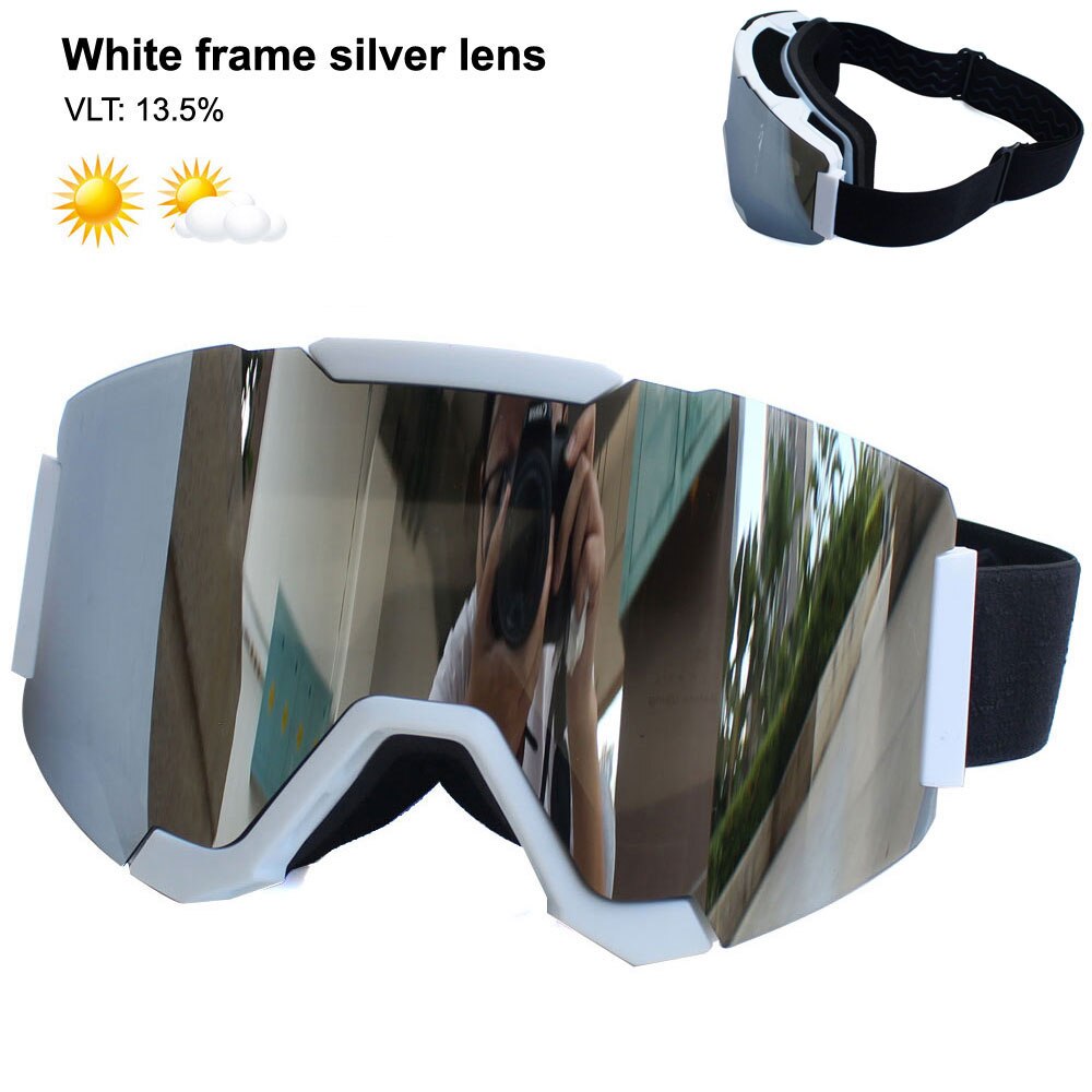 Magnetic Ski Goggles Double Layer Polarized Lens Skiing Anti-fog UV400 Snowboard Goggles Men Women Ski Glasses Eyewear: White Silver