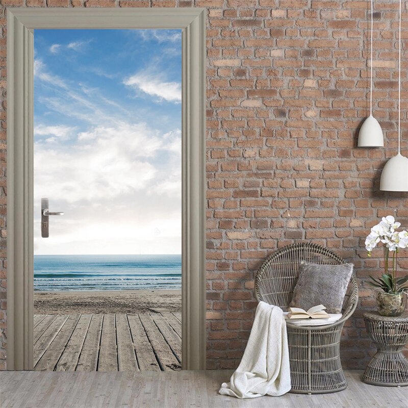3D Door Murals Blue Sky And White Clouds Sea Wallpaper Living Room Kitchen Door Decoration PVC Self-Adhesive Waterproof Stickers