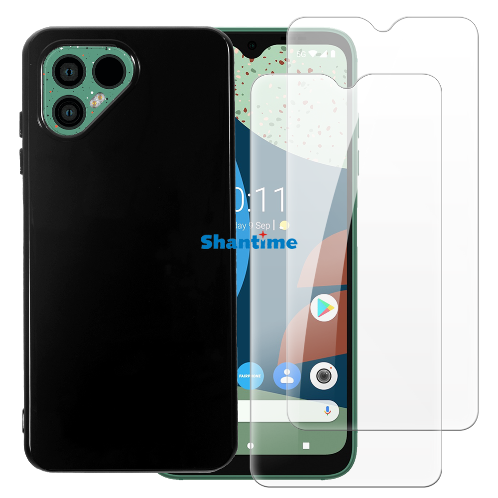 Zachte hoes, set van  + 2 gehard glazen schermbeschermers voor fairphone 4, volledige bescherming.: Zwart
