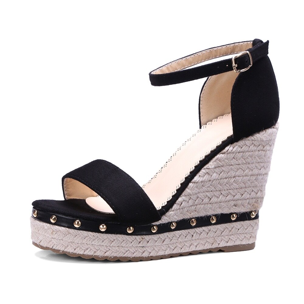 MORAZORA wedges sandals women rivets platform footwear buckle strap wedge high heels woman sandals ladies shoes: Black / 3