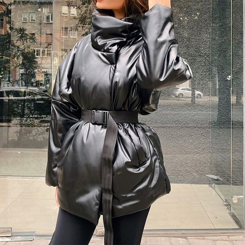 Parka de invierno para mujer, abrigo acolchado grueso, cinturón de algodón 95%, cuello alto, Parkas para mujer, abrigos, chaqueta acolchada cálida informal para mujer: Black / S