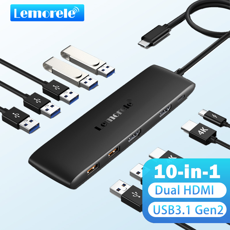 Lemorele 4K USB Hub USB C Stacja dokująca typu C do Dual HDMI dla Macbook iPad Pro Air M2 M1 Sumsang PC Akcesoria USB 3.1 HUB