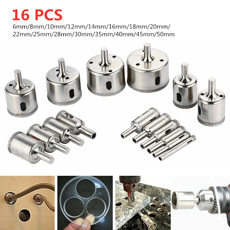 6-50mm 16PCS Diamond Hole Saw Drill Bit Set Glass Ceramic Tile Marble Saw Cutting Tools Diamond Coated Hole Saw Drill Bit Set: D 16pcs