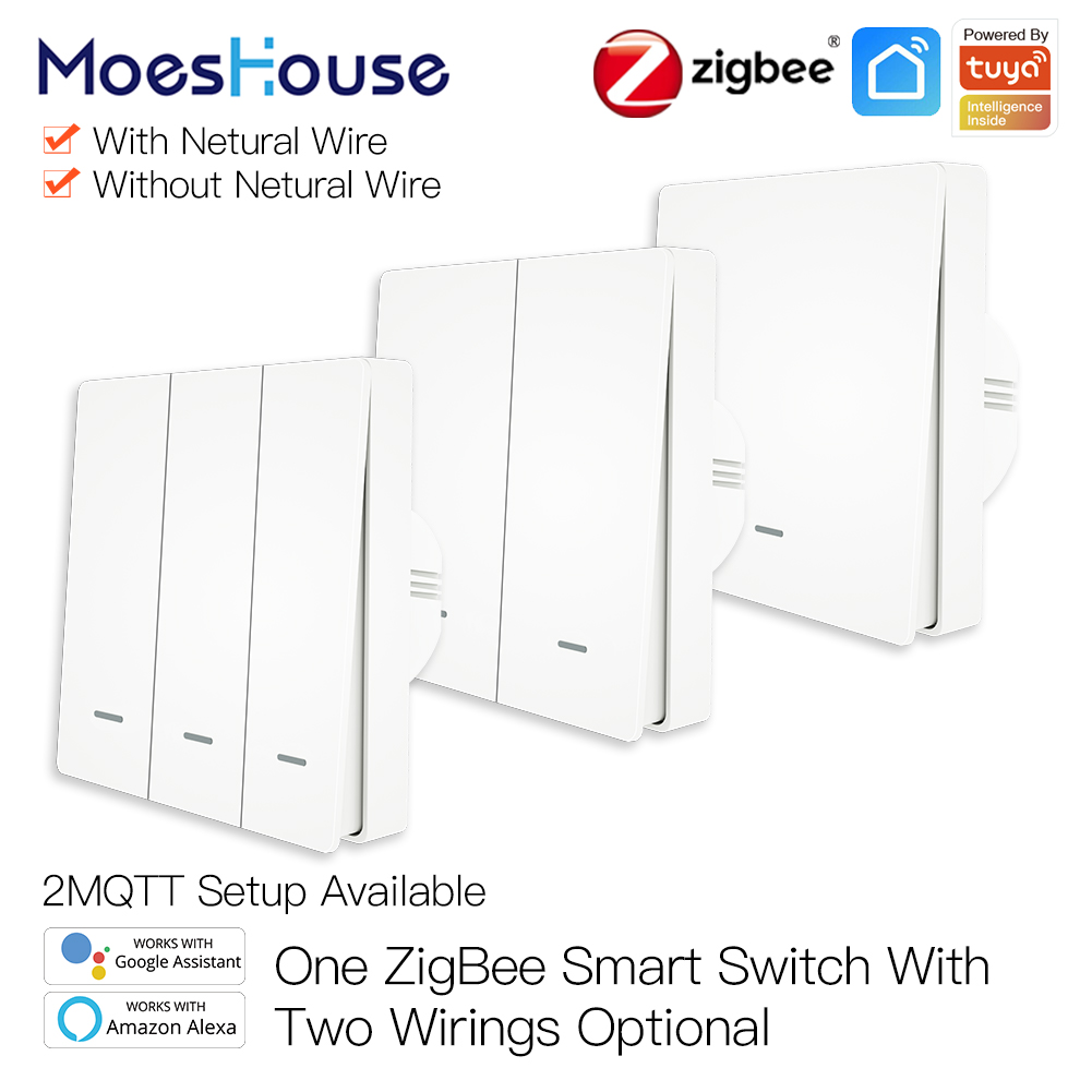 MoesHouse-interruptor de luz inteligente Tuya ZigBee, sin cable neutro, sin condensador, vida inteligente, 2/3 vías, funciona con Alexa y Google Home