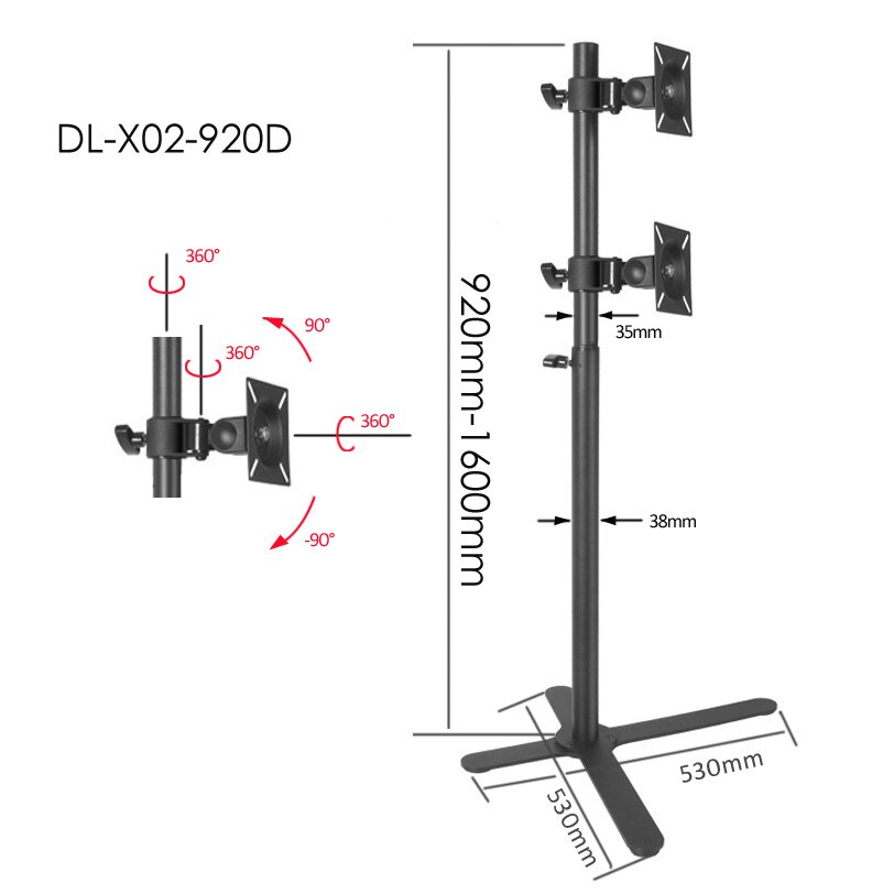 DL-X02-920D X Shape base big height adjustable160cm 150cm double 10"-27" monitor floor stand 360 rotate full motion