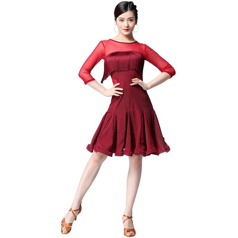 Women Dance Clothes Salsa Samba Wear Front Fringes Half Sleeves Spandex Mesh One-piece Latin Dresses