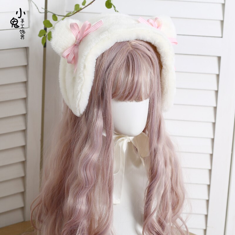 Jesienią i zimą japońskie słodkie nauszniki lolita żartowniś kapelusz niedźwiedź brunatny siatka uszna piękne i ciepłe aksamitne nauszniki czapka: biały niedźwiedź ucho 