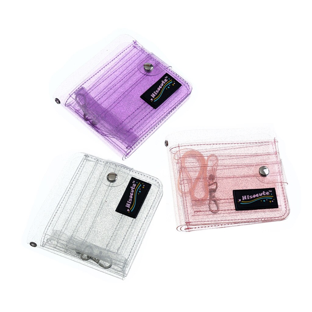 Transparante Id Kaarthouder Pvc Vouwen Korte Portemonnee Mode Vrouwen Meisje Glitter Visitekaartjes Case Clear Purse Met Lanyard