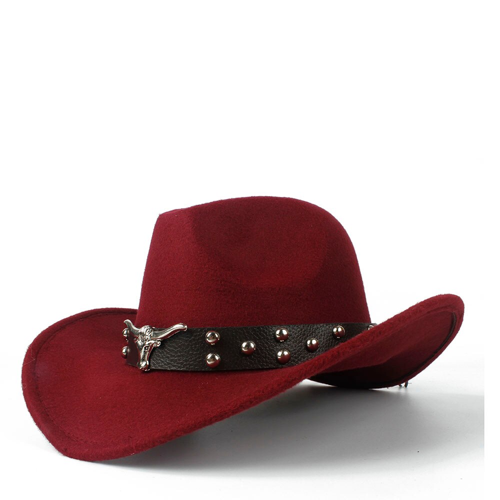 Women Men Wool Hollow Western Cowboy Hat With Tauren Belt Outback Jazz Toca Sombrero Cap Size 56-58CM: Wine red