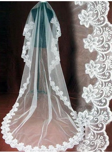 Een Layer Lace Edge Wit Ivoor Kathedraal Bruiloft Sluier Lange Bruidssluier