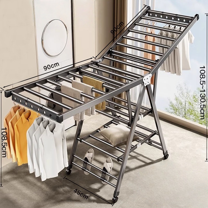Tendedero de ropa para balcón, estante de secado de ropa móvil plegable de pie para el hogar, tendedero de edredón para dormitorio, 3 pisos: Amarillo claro
