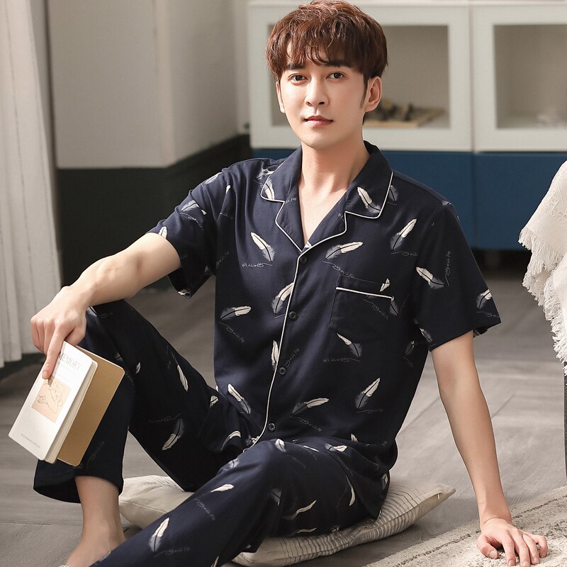 Miesten yöasut plus koko 3xl miesten yöasut kesä 100%  puuvillaa miesten pyjamasetti lyhyet topit+pitkät housut kaksiosainen puku