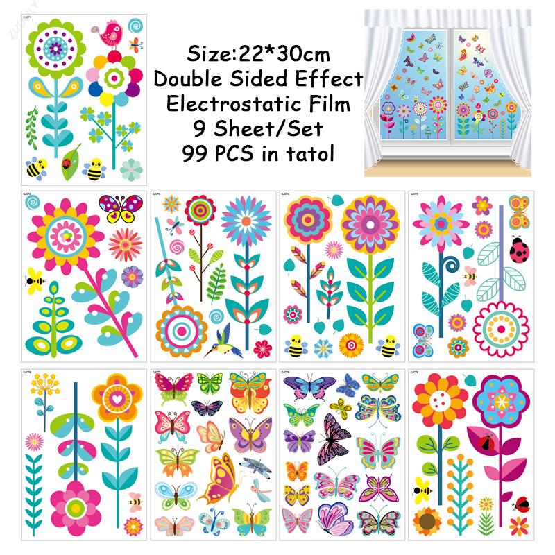 Pegatinas electrostáticas para ventana, 9 piezas, pequeñas flores, mariposa, primavera de bienvenida, espejo de puerta de cristal, pegatinas de decoración de flores: B Set