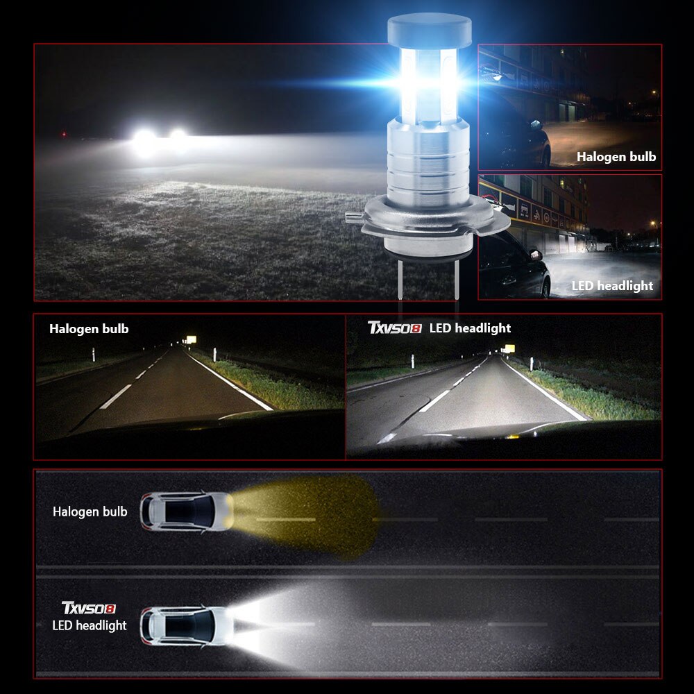 Cartnt 2 stk super lyse led  h7 forlygter 6000k hvid lys lampe universal mini bil pærer 200w 30000lm focos bmw led bil