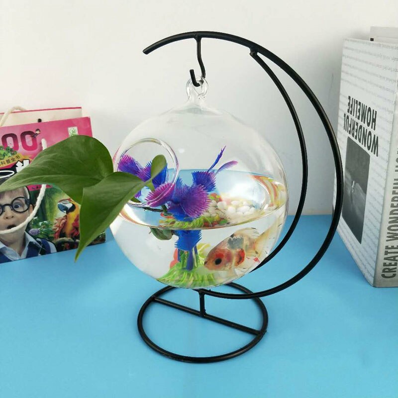 Desktop Hanging Mini Aquatic Plants Vase Fish Tank Glass Fish Tank Transparent Goldfish Tank Iron Support Aquarium