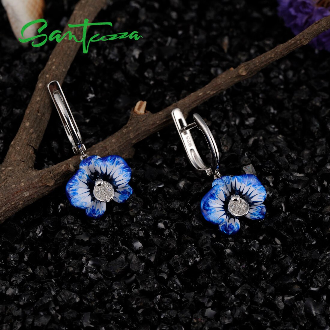 SANTUZZA flor azul anillo de plata de la joyería pendientes colgante conjunto para mujer Plata de Ley 925 de Chic, joyería hecha a mano, esmalte