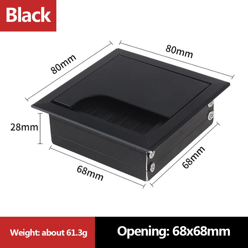 1PC Aluminum Alloy PC Desk Rectangle Wire Cable Office Table Hole Cover Outlet Port with Black Brush Cable Organizer: Black-80x80mm