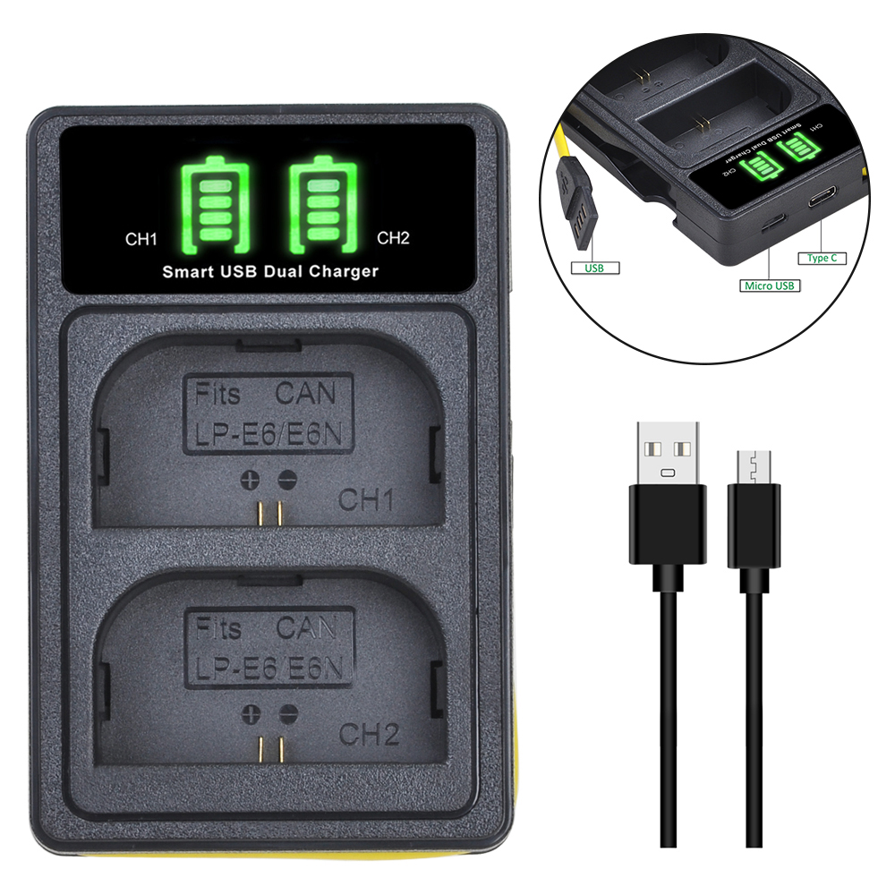 2650 mah lp -e6 lp-e6n batteri + lader for canon eos 6d 7d 5d mark ii iii  iv 5d 60d 60da 70d 80d 90d 5ds r5 r6 xc10 xc15