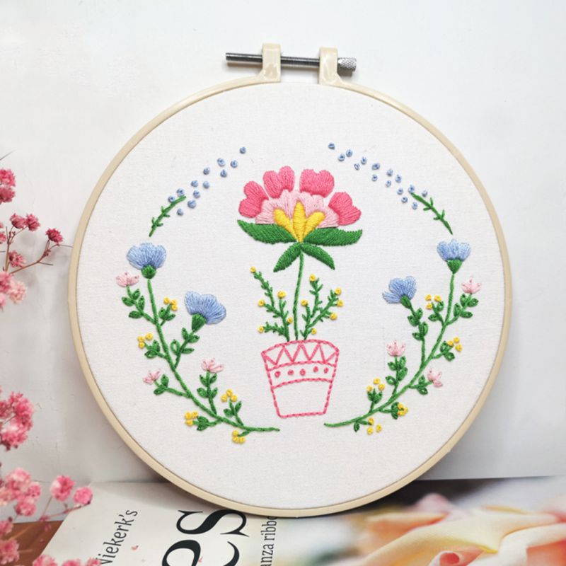 DIY Embroidery For Beginner Flower Pattern Handwork Needlework Cross Stitch Kit Ribbon Painting Embroidery Hoop Home Decoration