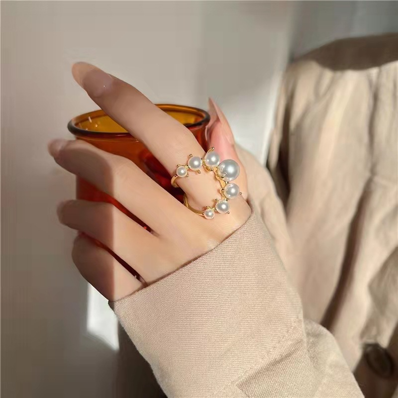 IHUES 1Pcs French Vintage Pearl Rings for Women Joint Opening Ring Party Engagement Decoration