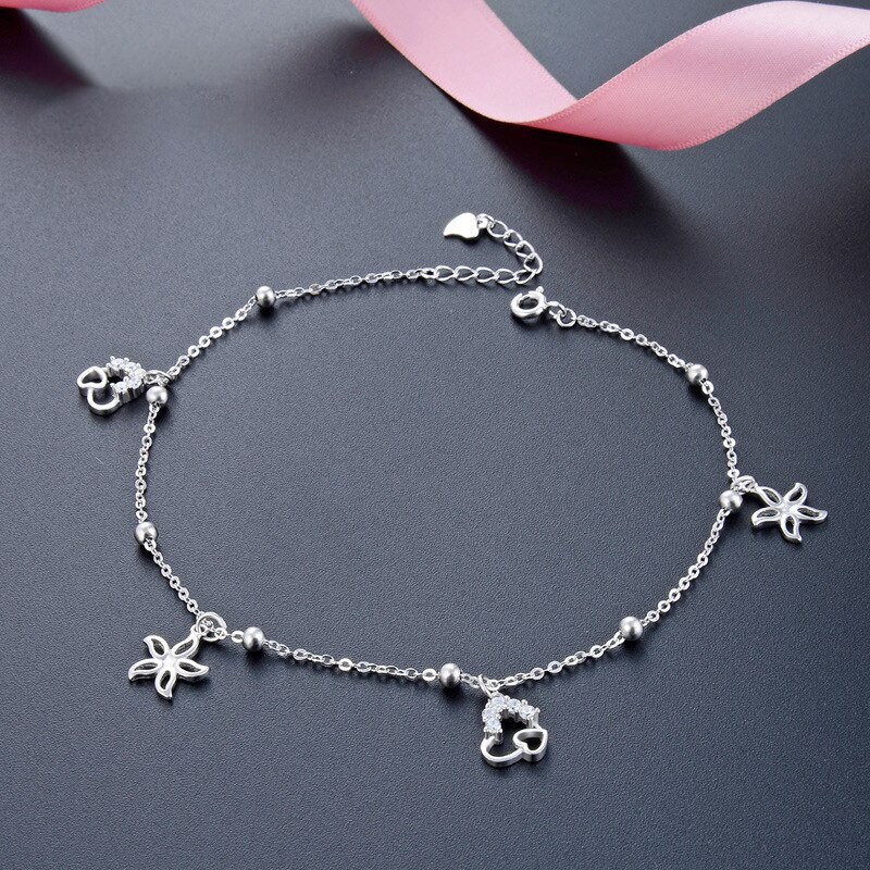 Miqiao Armband Enkel Vrouwen 925 Sterling Zilveren Voet Body Chain Op Been Dames Sieraden Blad Liefde Eenvoudige Zomer Accessoires