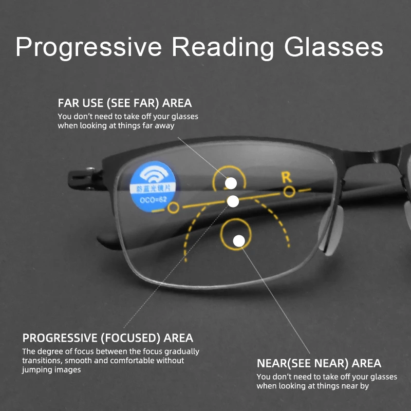 IENJOY Óculos de leitura multifocal de meia armação para homens TR Óculos bifocais progressivos Luz azul Óculos para presbiopia 1.0 2.0 3.0