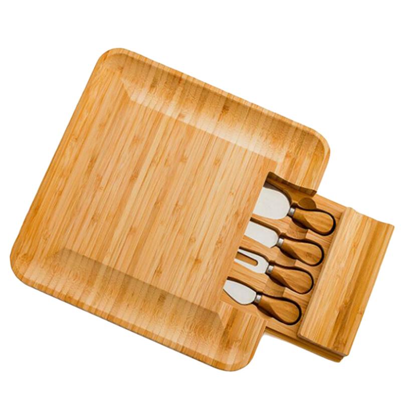 Bamboo Cheese Board Cutter Set Slide-Out Drawer Serving Platter Tray Cutting Board For Cheese Fruit Dessert Kitchen Accessories: B